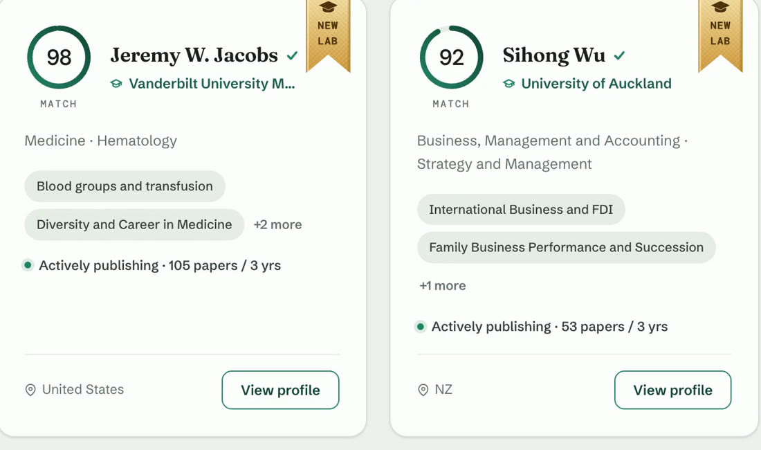 A grid of matched professors with match scores and verified badges